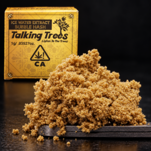 [IMAGE: Close-up of fresh, golden-brown bubble hash with visible resin crystals]